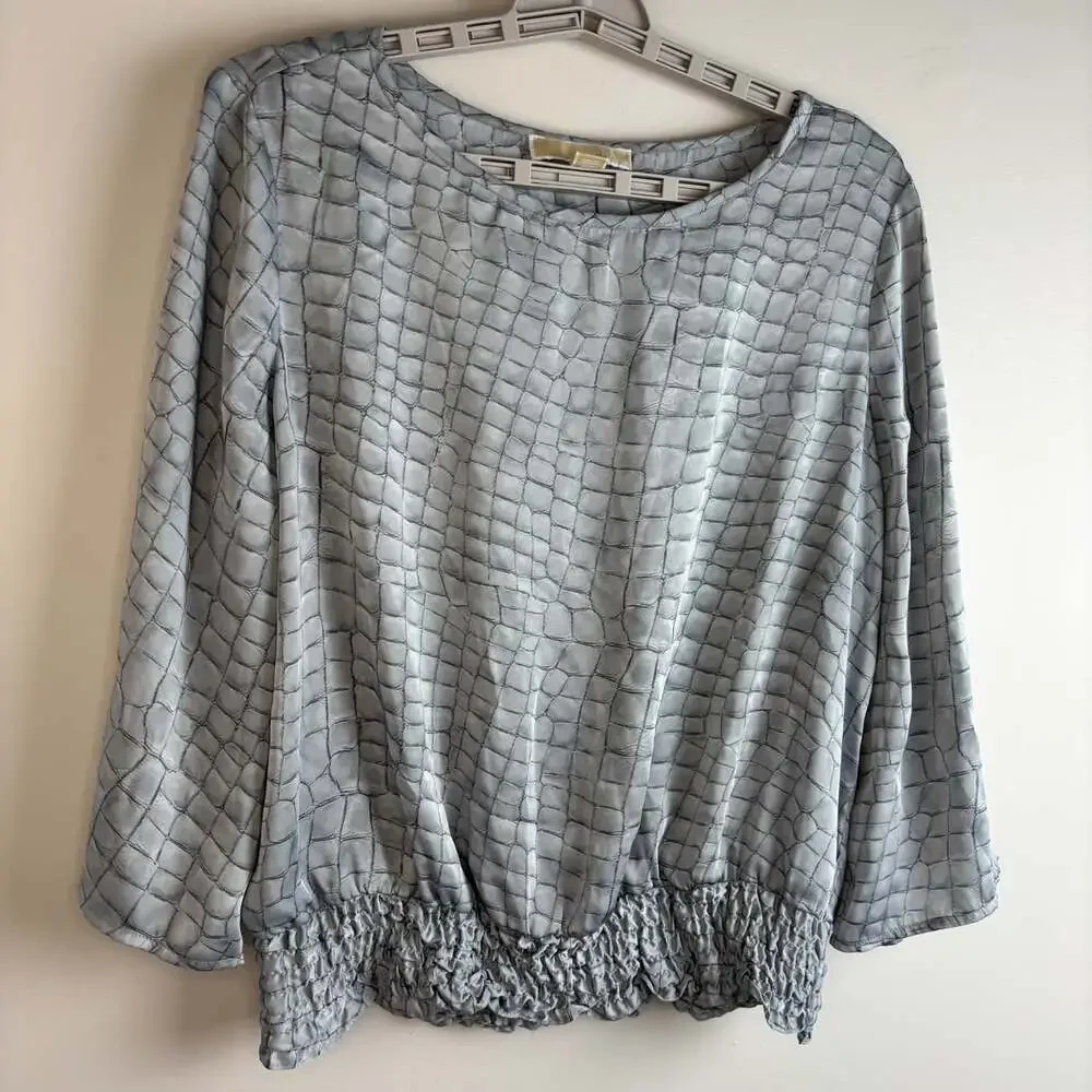 Michael Kors silky animal print top womens L gray open sleeve cinched waist